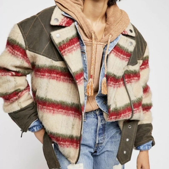 Free People Moto Jacket Fuzzy Stripe Oversize Mont - Picture 2 of 9